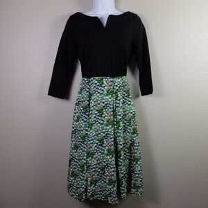 eShakti Black Green Fit-and-Flare V-neck 3/4 Sleeves Dress Size 0